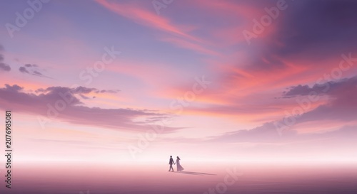 Serene sunset over water with two silhouetted figures reflecting calm ambiance