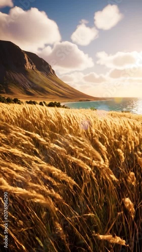 Golden wheat field grows near a mountain by the sea