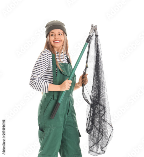 Happy fisherwoman with land...