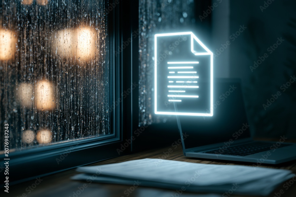Obraz premium Rainy window workspace with document concept