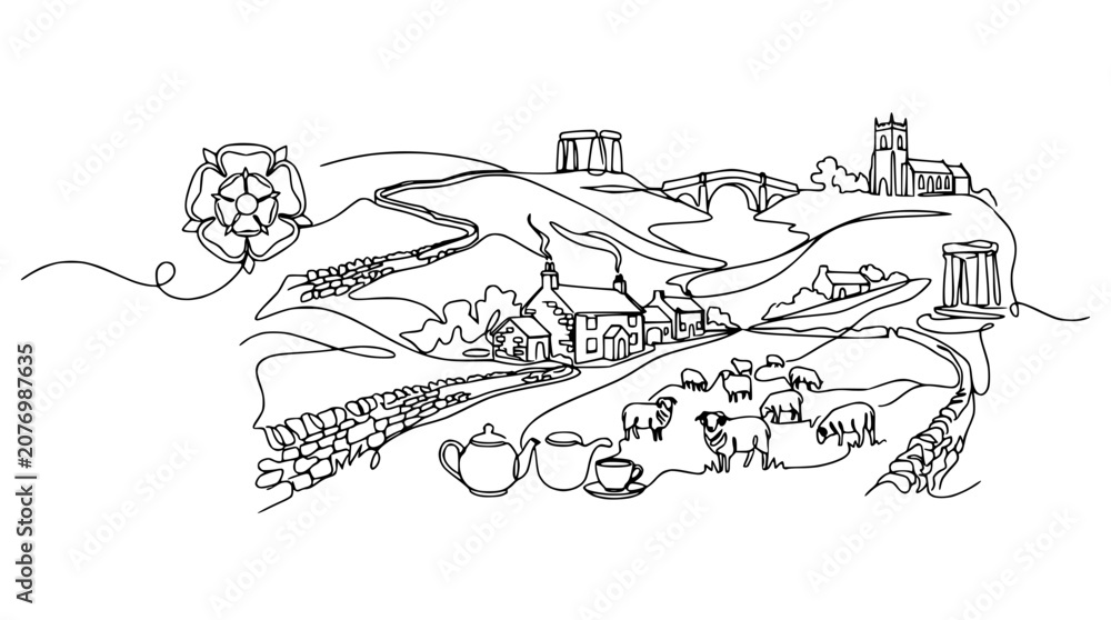 Obraz premium Yorkshire Landscape Line Art: Sheep, Village, Rose & Ruins