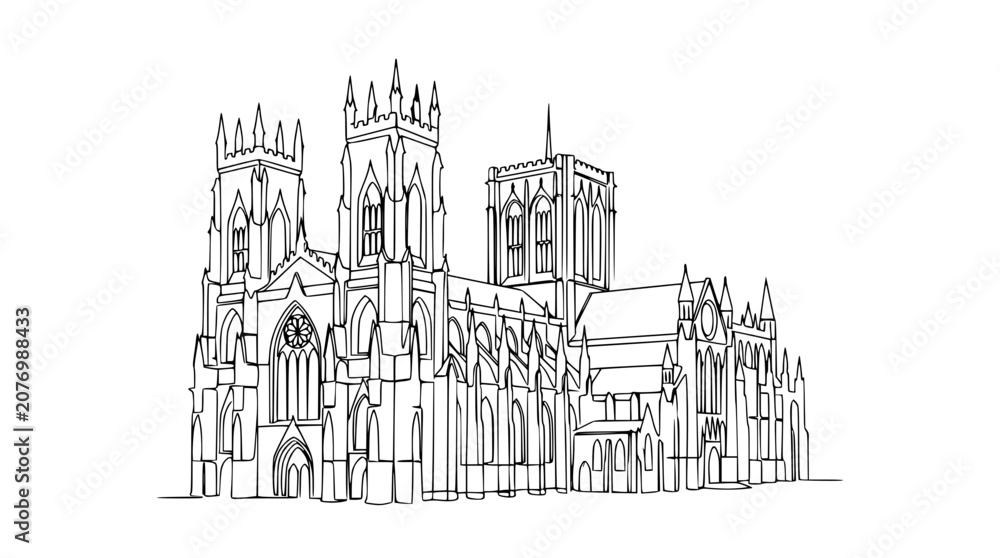 Fototapeta premium Gothic Cathedral Sketch - Minimalist Line Art Drawing of Historic Architecture