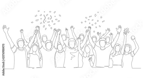 Excited Crowd Celebrating with Confetti - Continuous Line Art Drawing