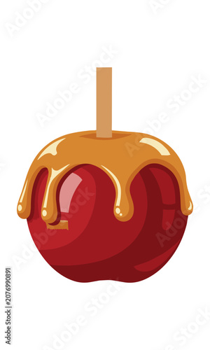 Stylized gourmet caramel apple with a wooden stick and thick caramel drip, smooth contours on a white background. Sweet treat concept