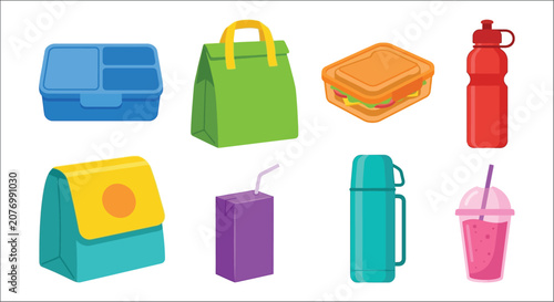 Foto Collection of lunch containers and drinkware flat vector illustration on a white