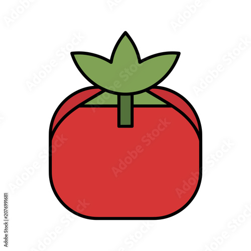 Flat illustration of a red tomato with green leaf
