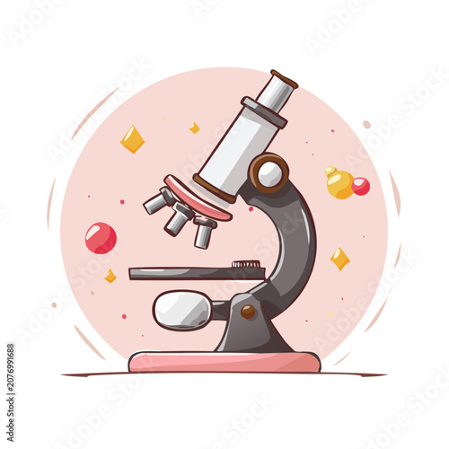 Flat illustration of a laboratory microscope with decorative elements