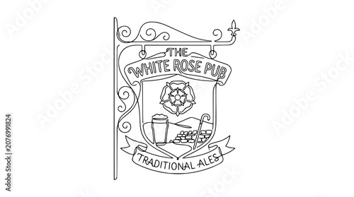 Fotografie White Rose Pub Sign - Traditional Ales, Vector Line Art