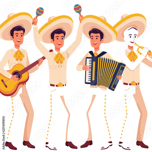 Flat vector illustration of mariachi band playing instruments