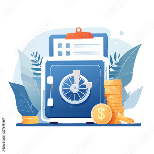 Flat vector illustration of safe with money and clipboard