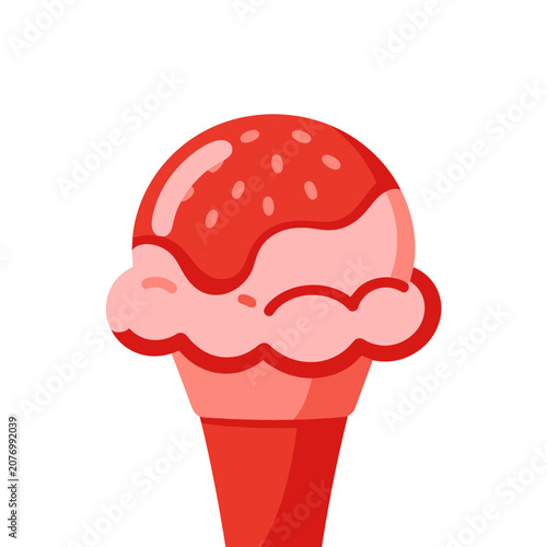 Strawberry ice cream in cone flat vector illustration