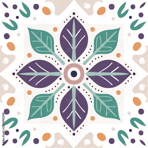 Symmetrical Floral Mandala Pattern with Leaves and Geometric Design