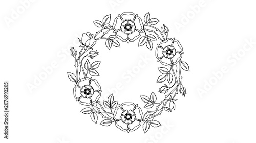 Quadro su tela Tudor Rose Wreath Line Art - Elegant Floral Border Design