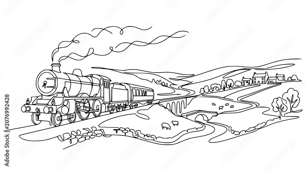 Fototapeta premium Vintage Steam Train Traveling Through Picturesque Countryside Landscape