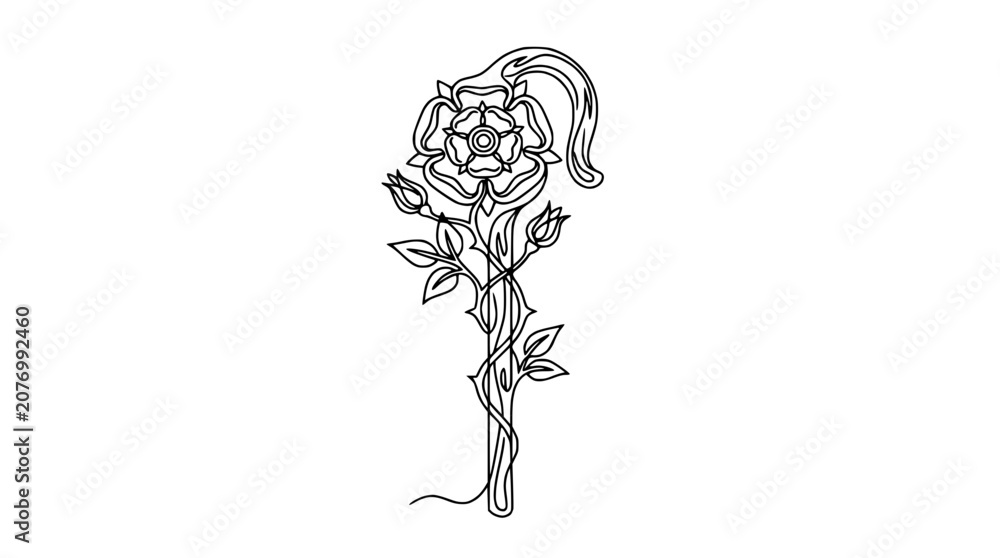 Fototapeta premium Elegant Tudor Rose and Bud Stem Outline Vector Art