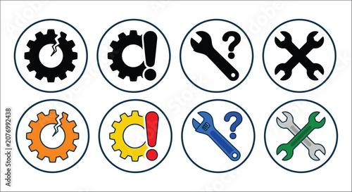 Photos Tool icons featuring gears exclamation points wrenches and crossed wrenches in a