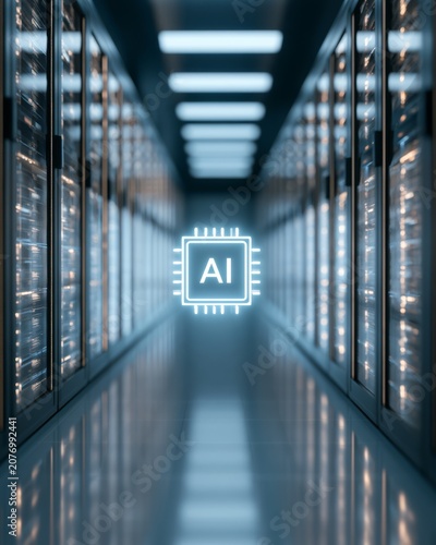 Data center corridor with AI concept