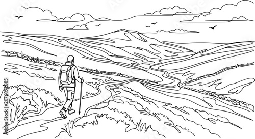 Obraz na plátně Hiker with backpack and poles on scenic trail overlooking rolling hills and mountains