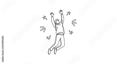 Photography Joyful Person Jumping Up and Down with Sparkles, One Line Drawing Style