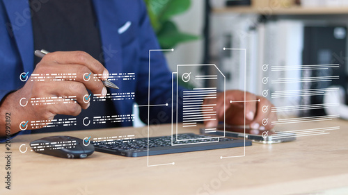 Schilderij op canvas Business professional managing digital documents and checklist workflows through an electronic verification system