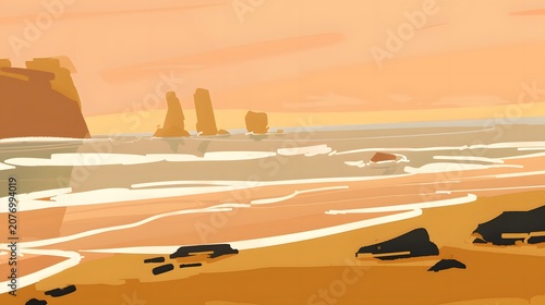 A tranquil coastal landscape with soft waves