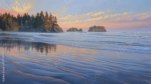 A tranquil coastal landscape with soft waves