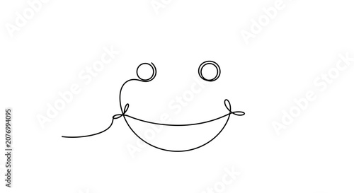 Minimalist continuous line drawing of a happy frog face on white background