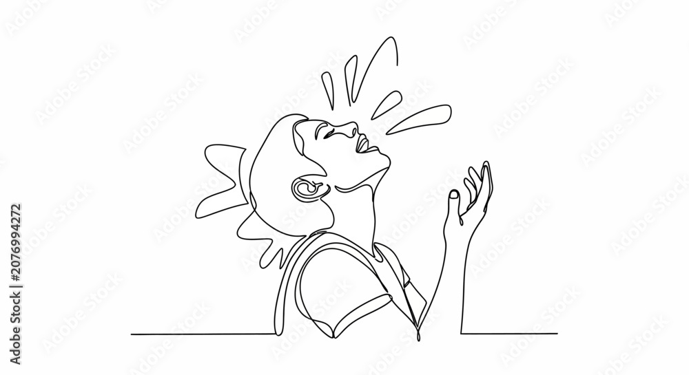 Naklejka premium Joyful Woman Laughing, One Line Drawing, Expressive Face, Feeling Free