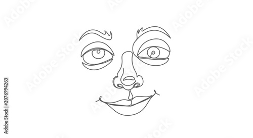Whimsical single line drawing of a smiling face with expressive eyes and eyebrows