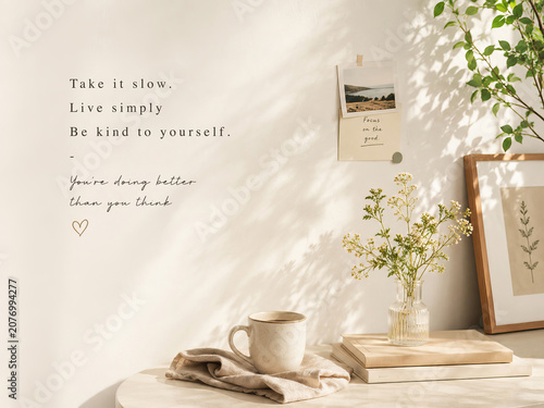 A minimalist poster featuring everyday healing and comfort, with creamy tones and an artsy, aesthetic vibe. Ideal for coffee shop wall poster. Slogan 