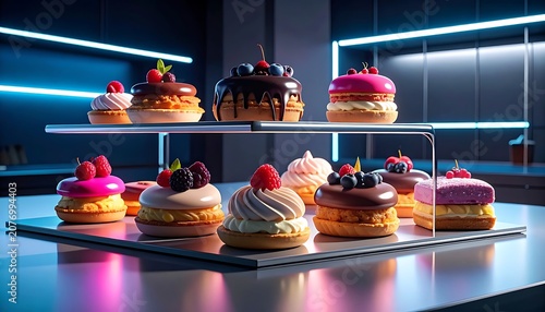 A metal tray holds assorted donuts on two levels
