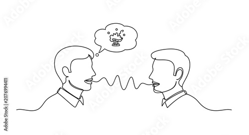 Two people in conversation, one thinking about a broadcast tower, communication concept