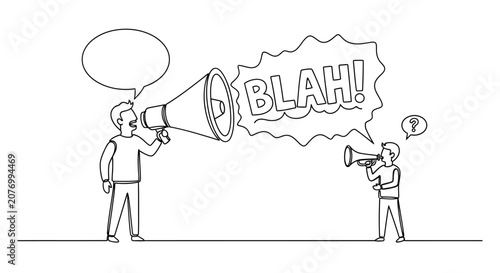 Man shouting 'BLAH!' through megaphone, small person with question mark, communication concept
