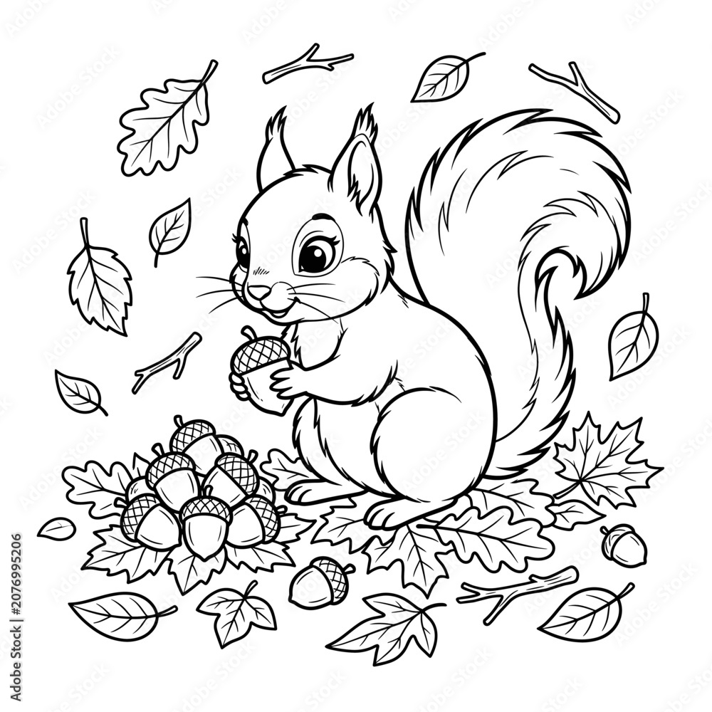Obraz premium Cute Squirrel Holding Acorn Coloring Page Vector Illustration