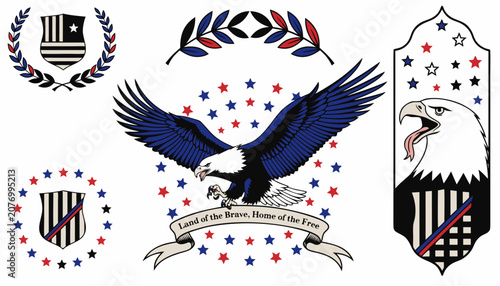 Patriotic american eagle clipart set with stars