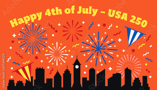 Vibrant 4th of july celebration with fireworks over city skyline