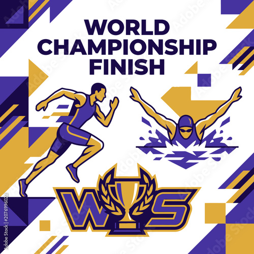 World Championship Finish Graphics Featuring Runner and Swimmer With Trophy Icon