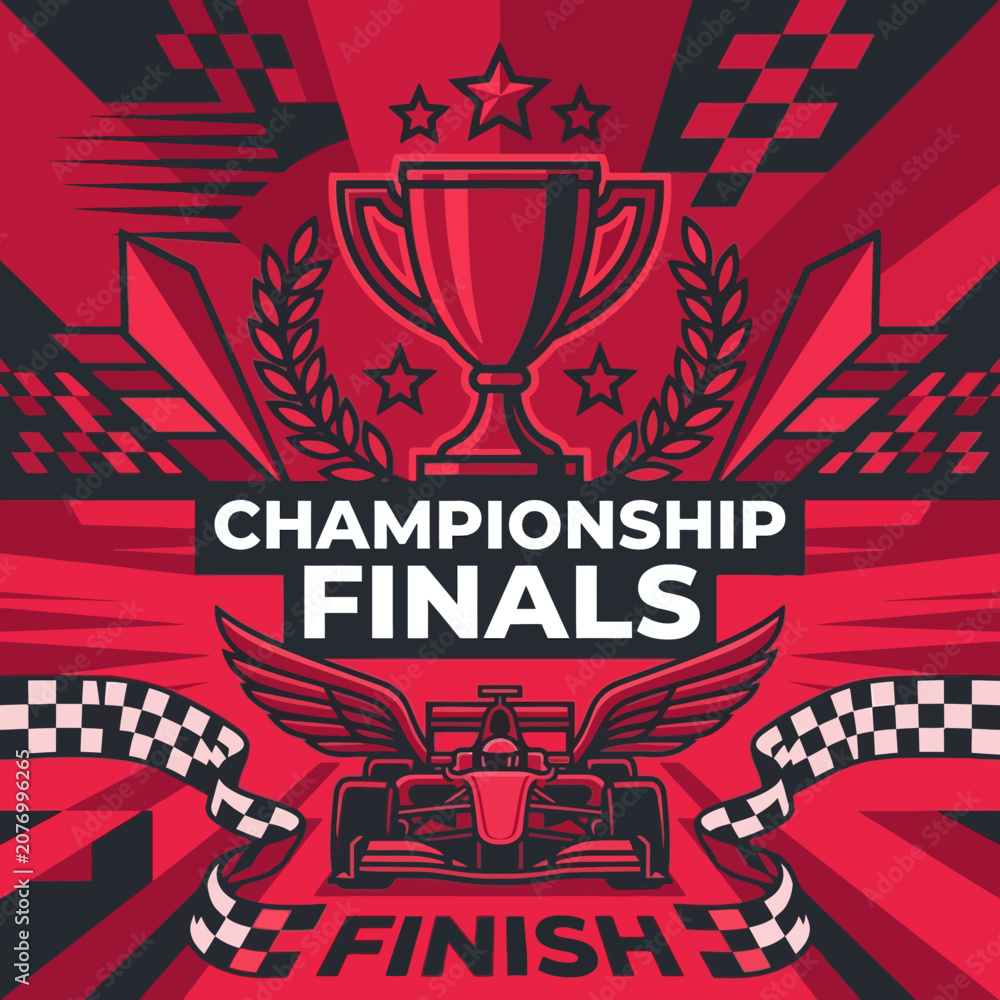 Obraz premium Winning Championship Finals Trophy And Racing Car Emblem