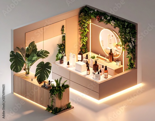 A modern, well-lit retail display with plants and beauty products