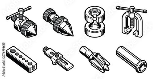Detailed bold outlined collection of pipe flaring and tube working tools