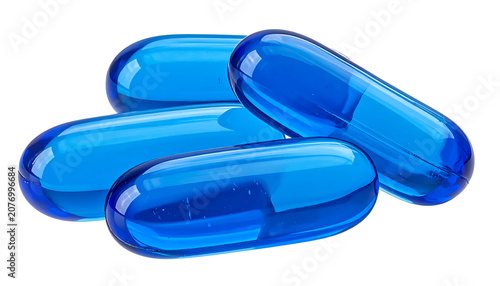 Blue Soft Gel Capsules On White Background, Glossy Translucent Pills With Bright Lighting
