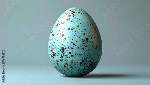 Blue Speckled Egg On Teal Surface With Soft Lighting And Subtle Shadow