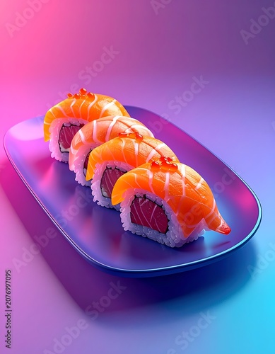 A plate of sushi rolls with salmon and rice on a colorful background