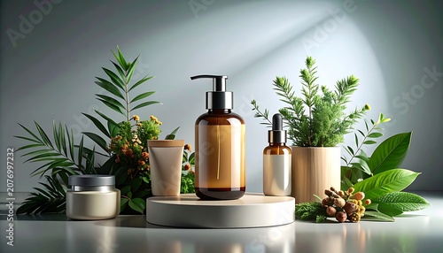 A serene arrangement of amber bottles and lush greenery on a white platform