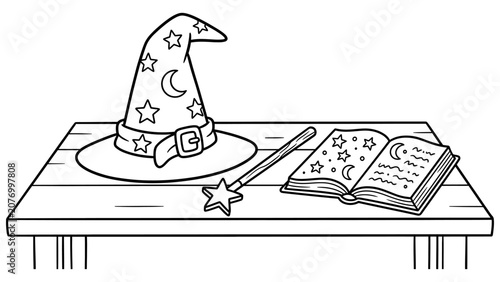 Wizard hat magic wand and open spellbook with stars and crescent moon on a wooden table