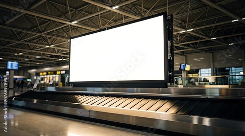 Large blank digital billboard screen on a baggage carousel at an airport terminal.