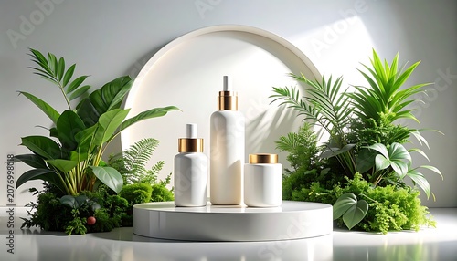 A serene display of skincare products on a white pedestal surrounded by lush greenery and modern decor