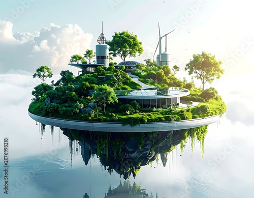 A serene, futuristic island with lush greenery and modern architecture