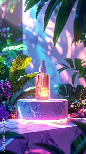 A serene garden scene with a glowing bottle on a marble pedestal