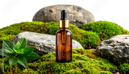 Amber Essential Oil Bottle Resting On Mossy Stones Under Warm Natural Light